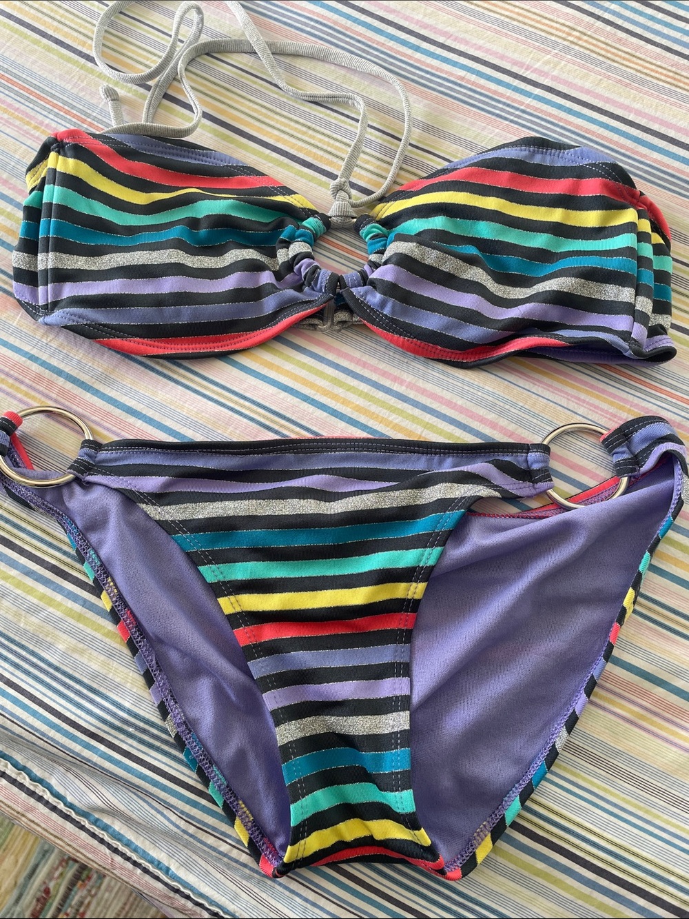 Striped Multicolor Bikini Set - Silver Accent
